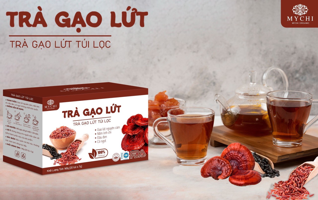 Trà Giảm Cân Gạo Lứt nấm linh chi đỏ Mychi 120g Hộp 20 Túi