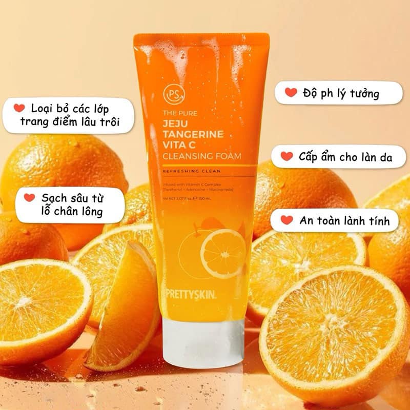 Sữa rửa mặt Pretty Skin The Pure Jeju Tangerine Vita C Cleansing Foam 150ml là sản phẩm làm sạch da đến từ thươn hiệu nổi tiếng Pretty Skin