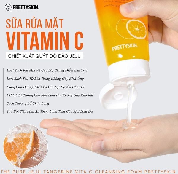Sữa rửa mặt Pretty Skin The Pure Jeju Tangerine Vita C Cleansing Foam 150ml là sản phẩm làm sạch da đến từ thươn hiệu nổi tiếng Pretty Skin