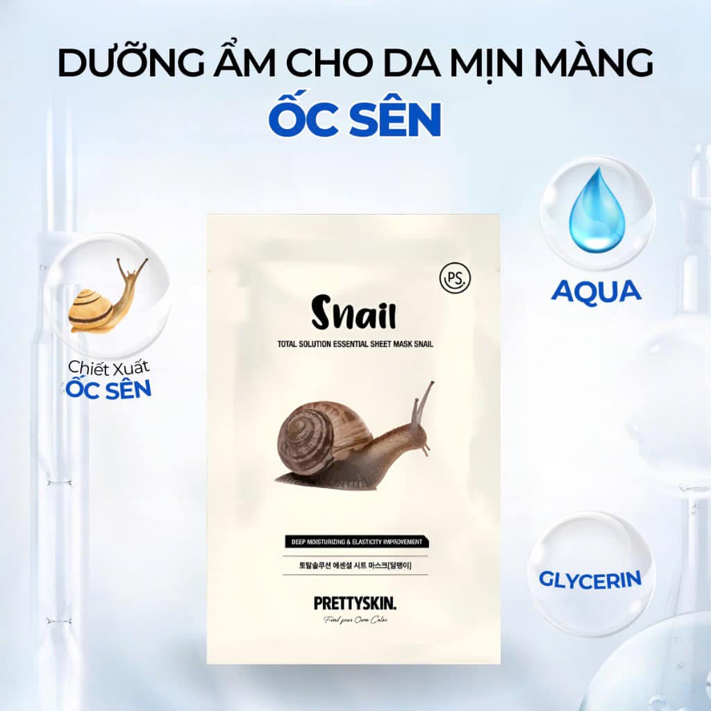 Mặt Nạ Ốc Sên Prettyskin Total Solution Essential Sheet Mask Snail  Hỗ trợ tái tạo tế bào da mới