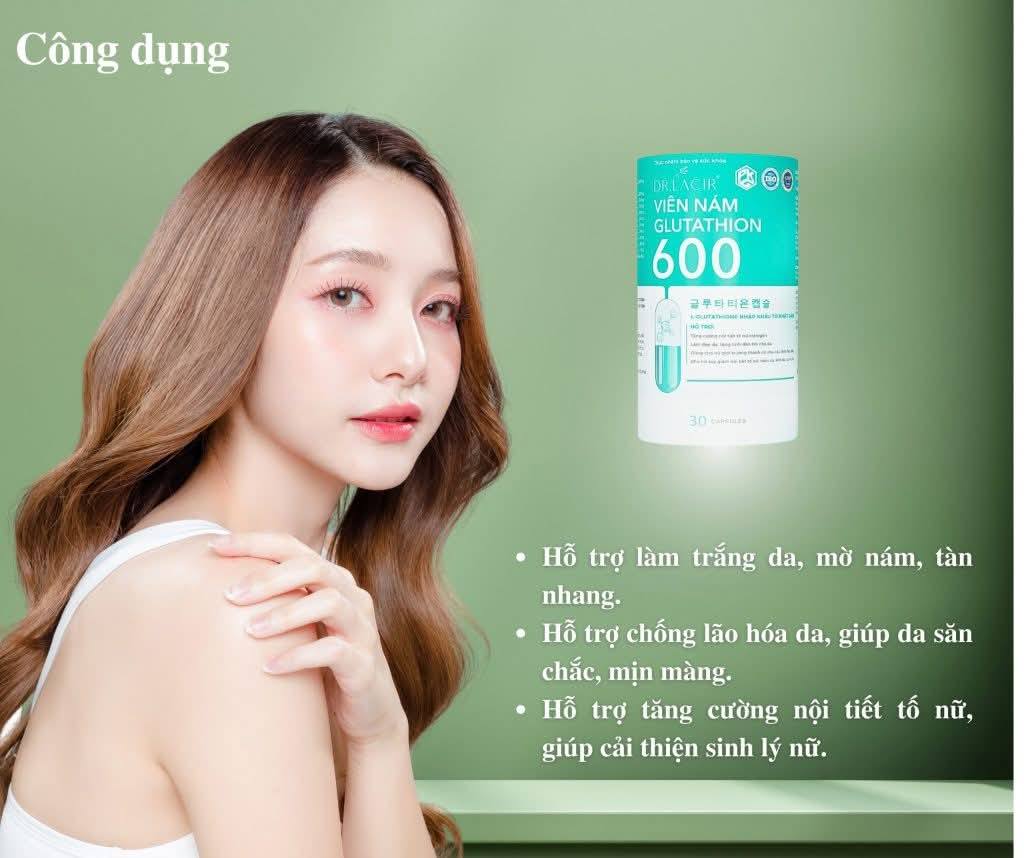 Viên uống trắng da  Glutathione 600 Dr Lacir  giúp ngăn ngừa các dấu hiệu lão hóa như nếp nhăn đốm nâu giúp da luôn tươi trẻ, căng mịn