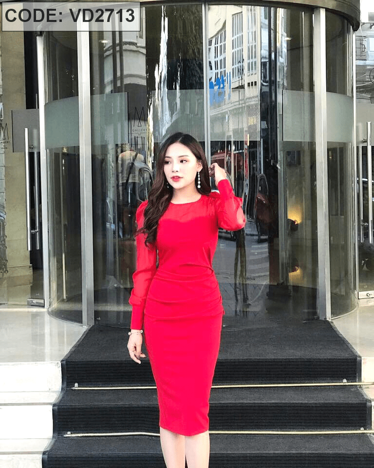 Đầm đỏ dự tiệc chữ A eo cut-out KK118-31 | Thời trang công sở K&K Fashion