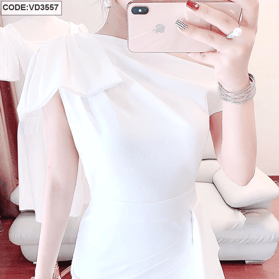 Đầm váy dạ hội màu trắng lệch vai đơn giản thanh lịch