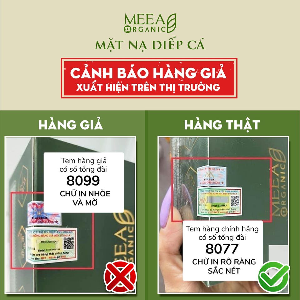 Cảnh báo hàng giả của Mặt Nạ Diếp Cá Tái Sinh MeeA Organic