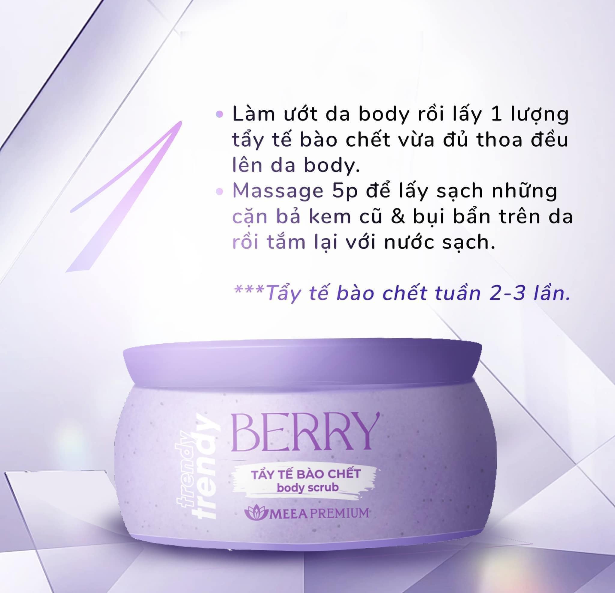 Tẩy Tế Bào Chết Berry Body Scub Meea với các hạt Scrub nhỏ giúp tẩy sạch lớp tế bào chết sần sùi thô ráp trên da một cách dịu nhẹ