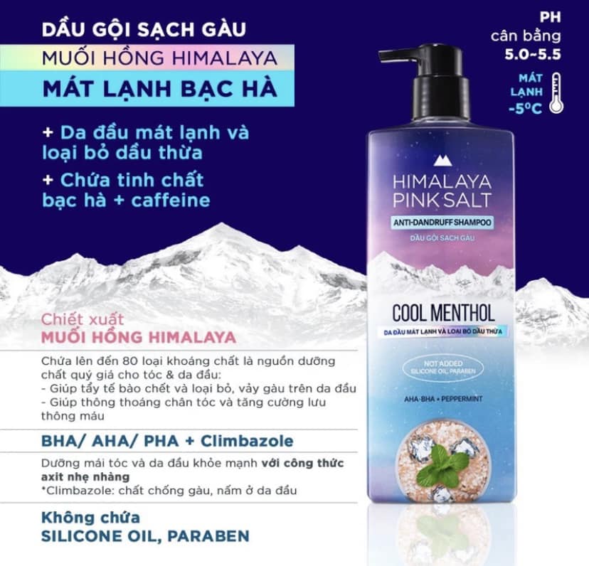 Dầu Gội Sạch Gàu Muối Hồng Ngăn Ngừa Gàu  Giảm Ngứa Himalaya Pink Salt Mát Lạnh Bạc Hà Cool Menthol 650ml